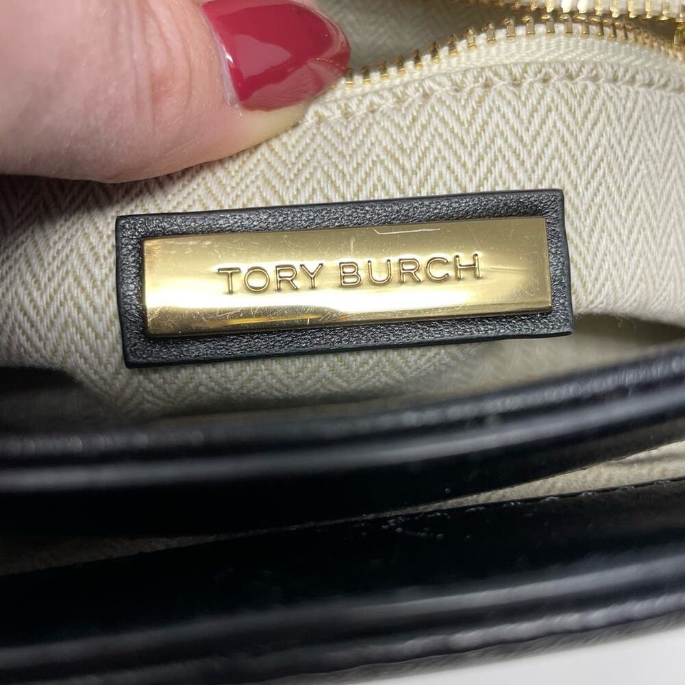 Tory Burch Kira Chevron Leather Top Handle Satchel 2 Way Shoulder Bag Black Gold - Picture 15 of 15